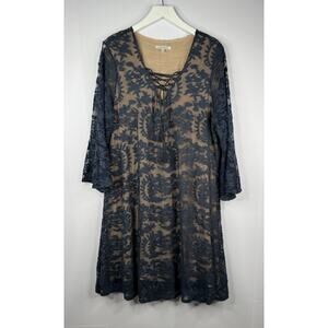 John Mark Women's Sz XL Lace Bell‎ Sleeve Dress Lace Up Boho Blue Whimsigoth